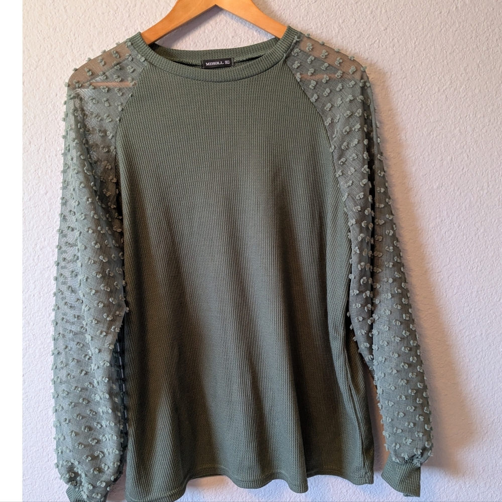 😎SALE😎 NWT Miholl Elegant Sage Green Sheer Sleeve Top Blouse Sz. XL - Picture 2 of 9